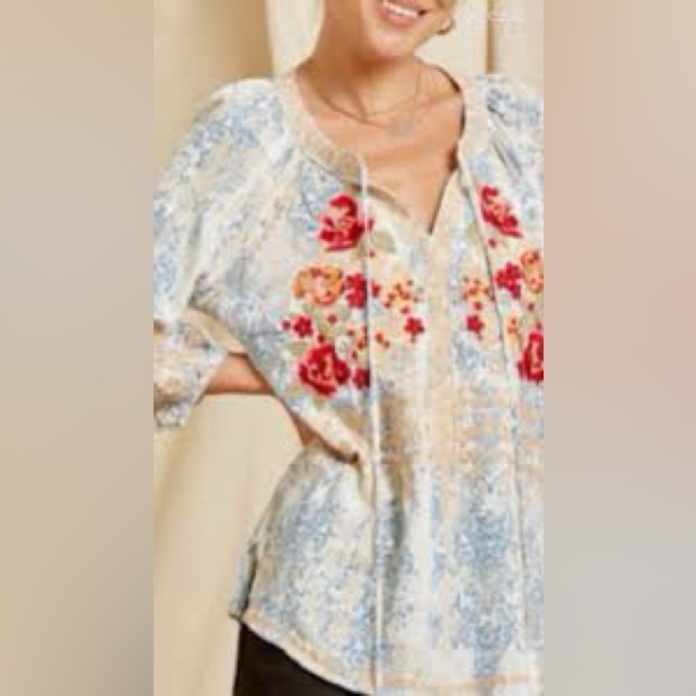 Savanna Jane | Floral Embroidered Boho Paisley Print Split Neck Blouse Small